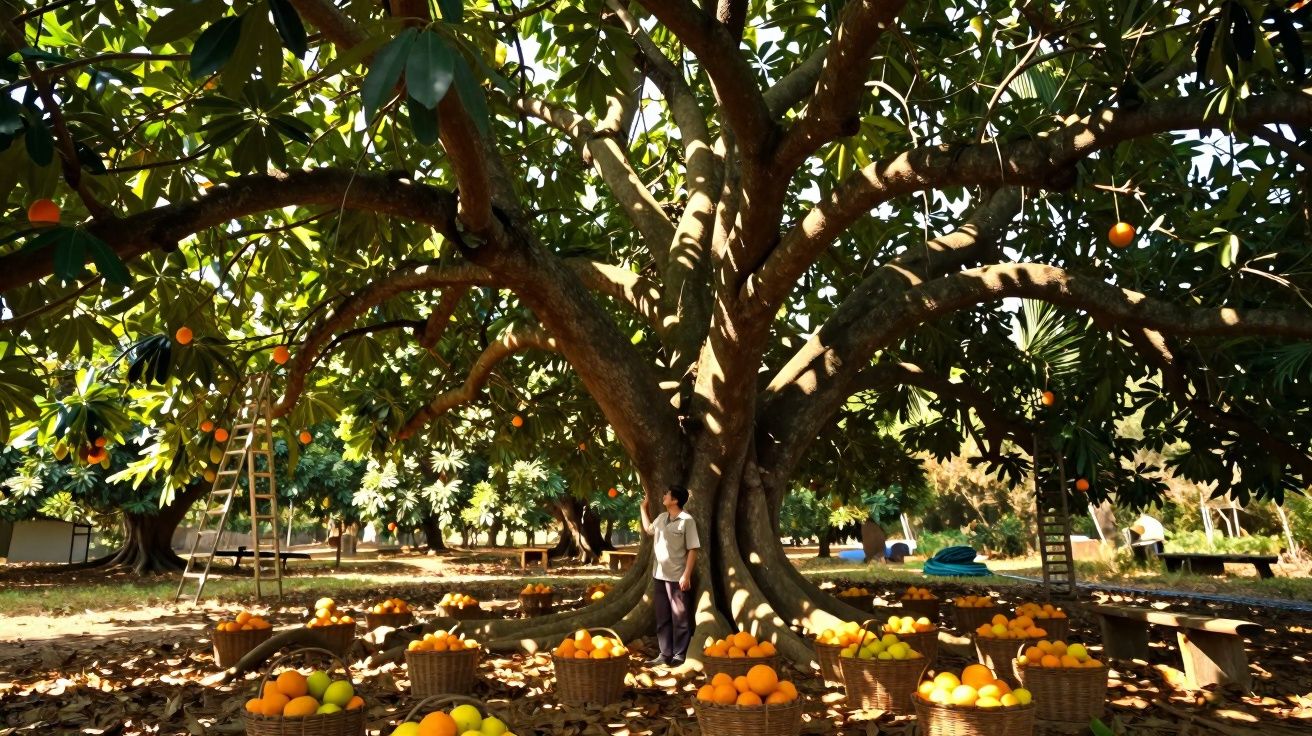 Homem encostado numa grande árvore rodeada de cestos cheios de laranjas num pomar ao ar livre.