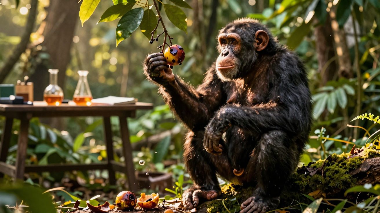 Chimpanzé sentado na floresta segurando e analisando uma fruta com mesa e frascos ao fundo.