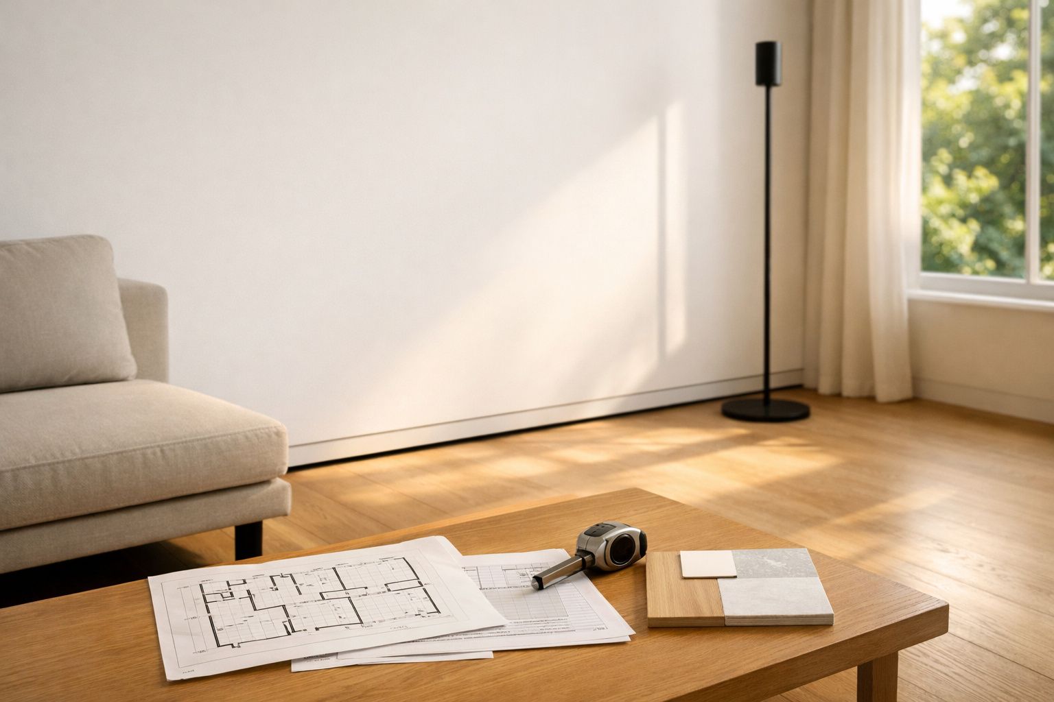 Sala luminosa com sofá bege, mesa de madeira com plantas, plantas verdes e decoração minimalista.