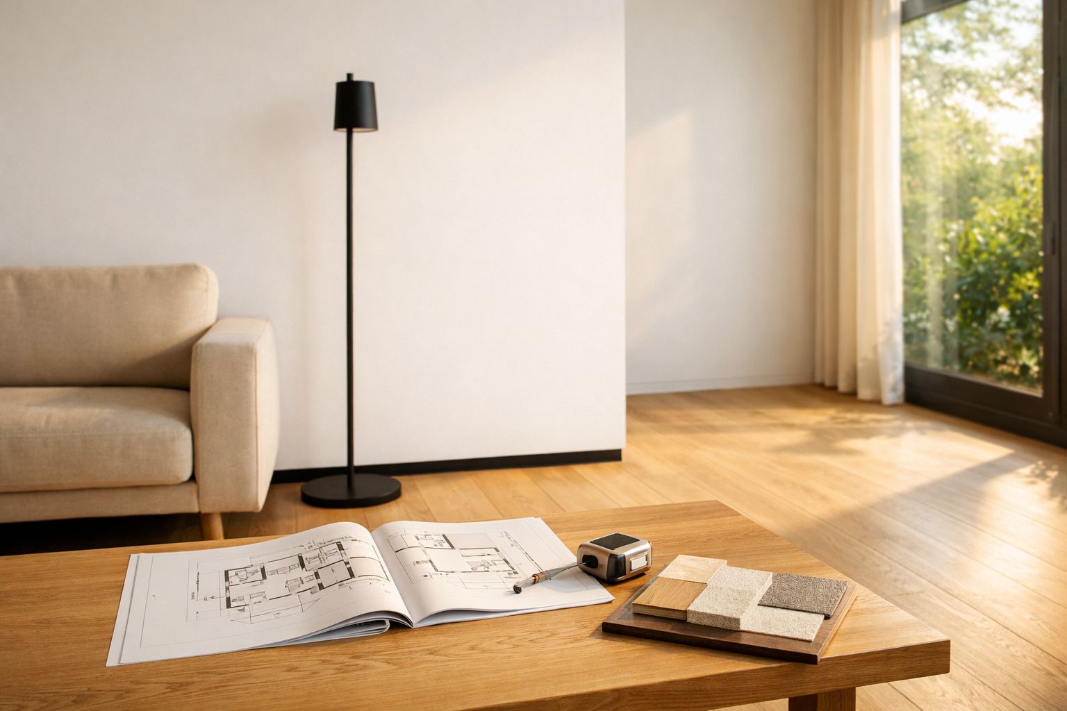 Sala de estar minimalista com sofá bege, candeeiro de pé, mesa de madeira com plantas, plantas e plantas. plantas. plantas. p