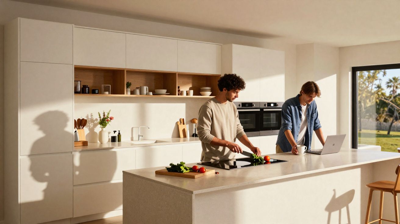 Duas pessoas numa cozinha moderna, uma a cortar legumes e outra a usar um computador portátil junto a uma ilha.