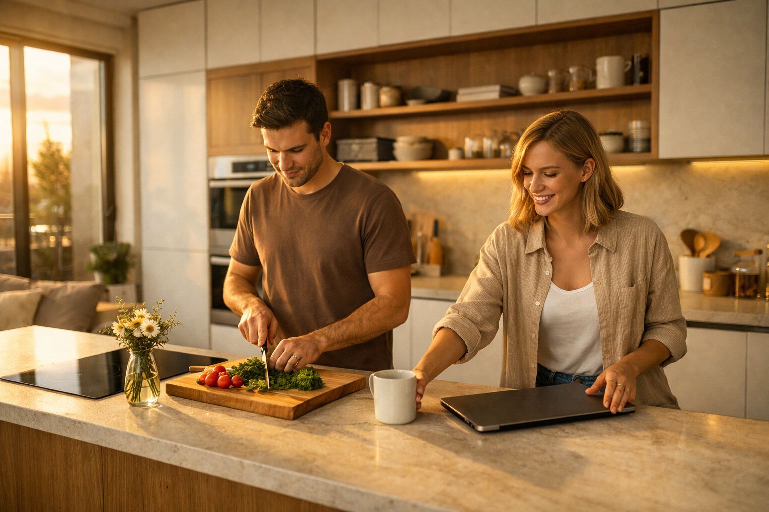 Casal jovem a preparar uma refeição na cozinha moderna com luz natural ao entardecer.