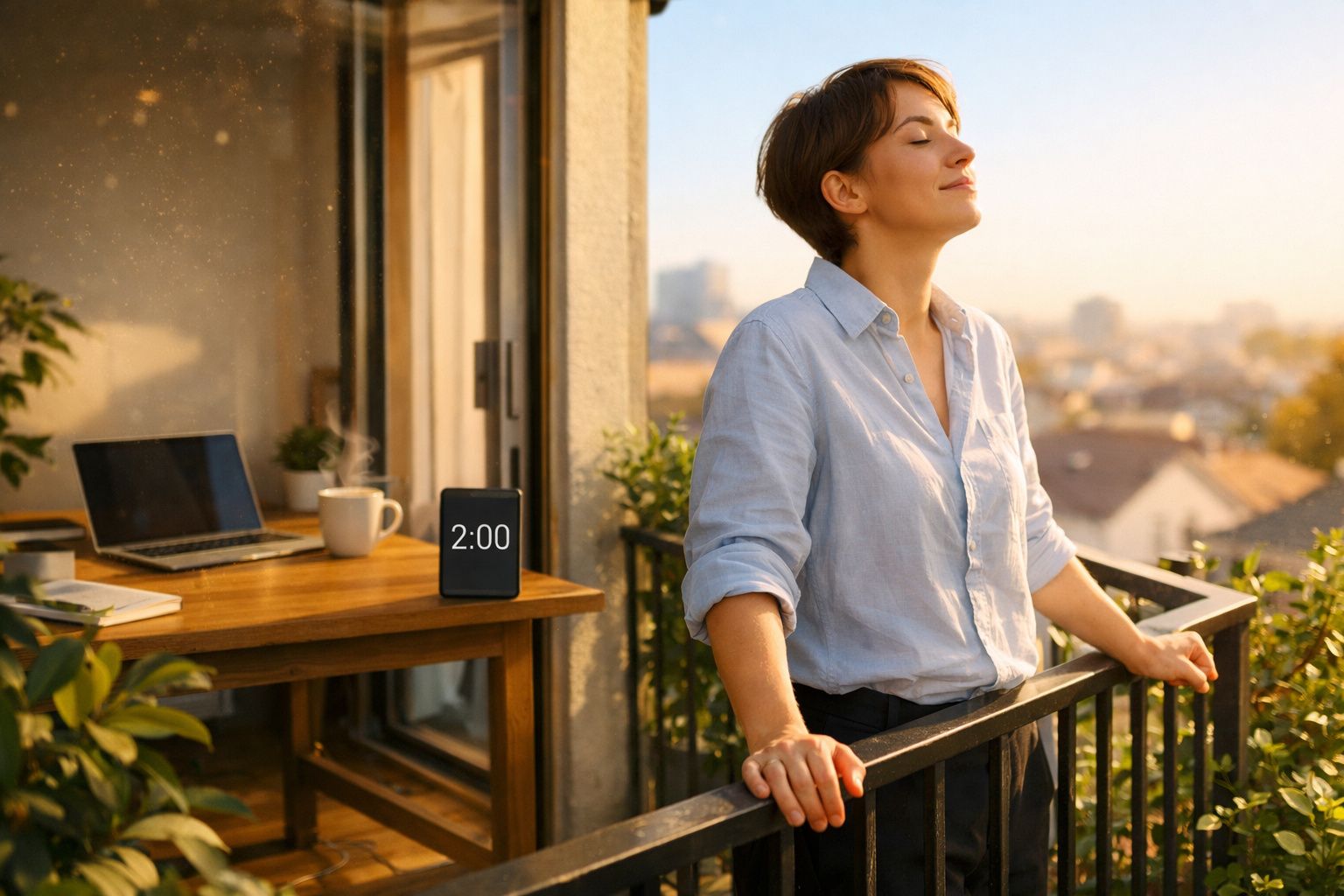 Mulher relaxa respirando ar fresco ao pôr do sol numa varanda com relógio digital a mostrar 2:00.