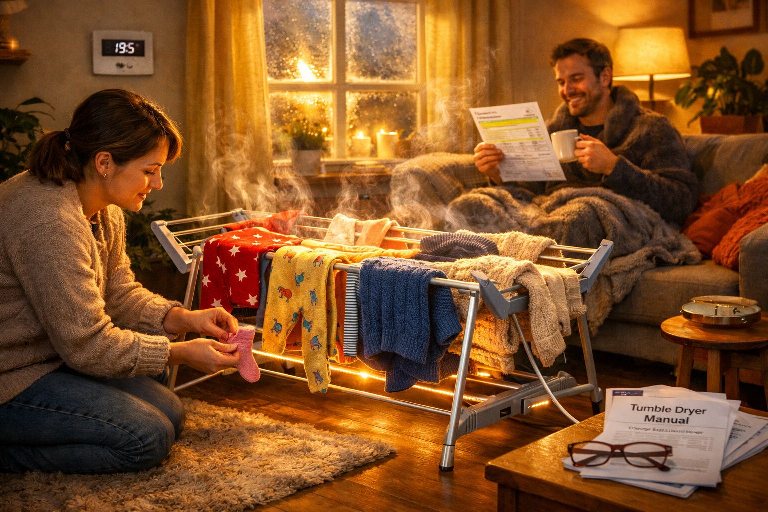 Casal em sala aconchegante a secar roupa em estendal elétrico, com roupas a vapor e luz quente ambiental.