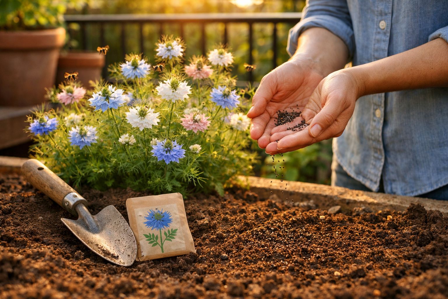 Pessoa a semear sementes de flores coloridas no solo, com enxada e pacote de sementes ao lado.