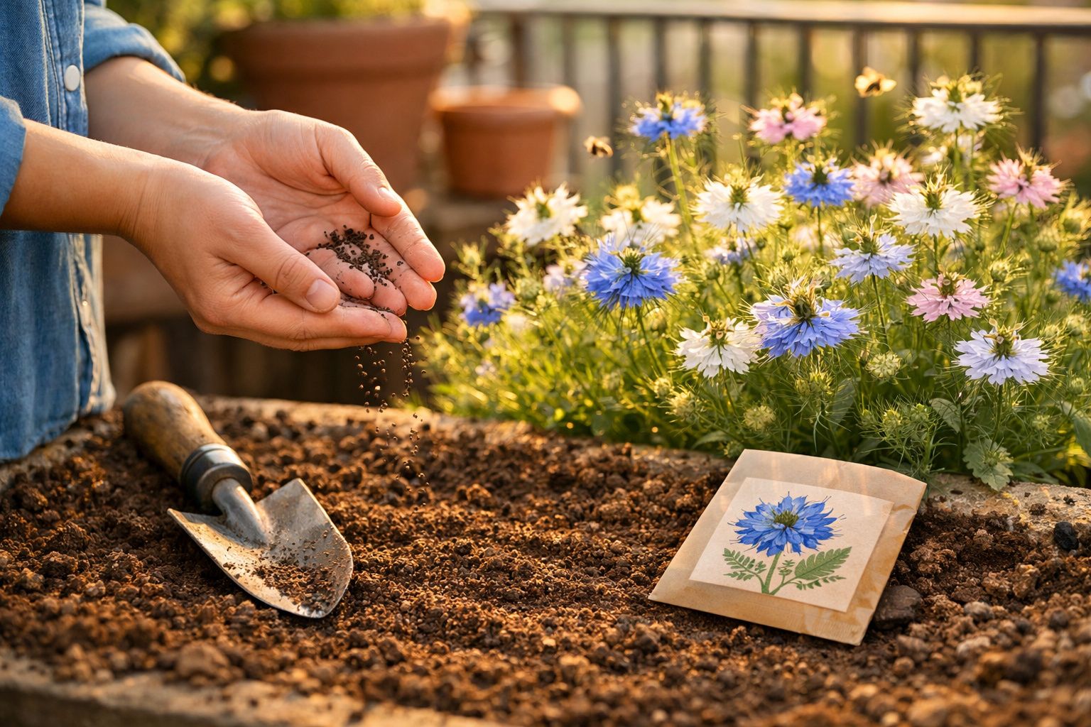 Mãos a semear sementes em terra, com flores coloridas e enxada ao lado num jardim ensolarado.