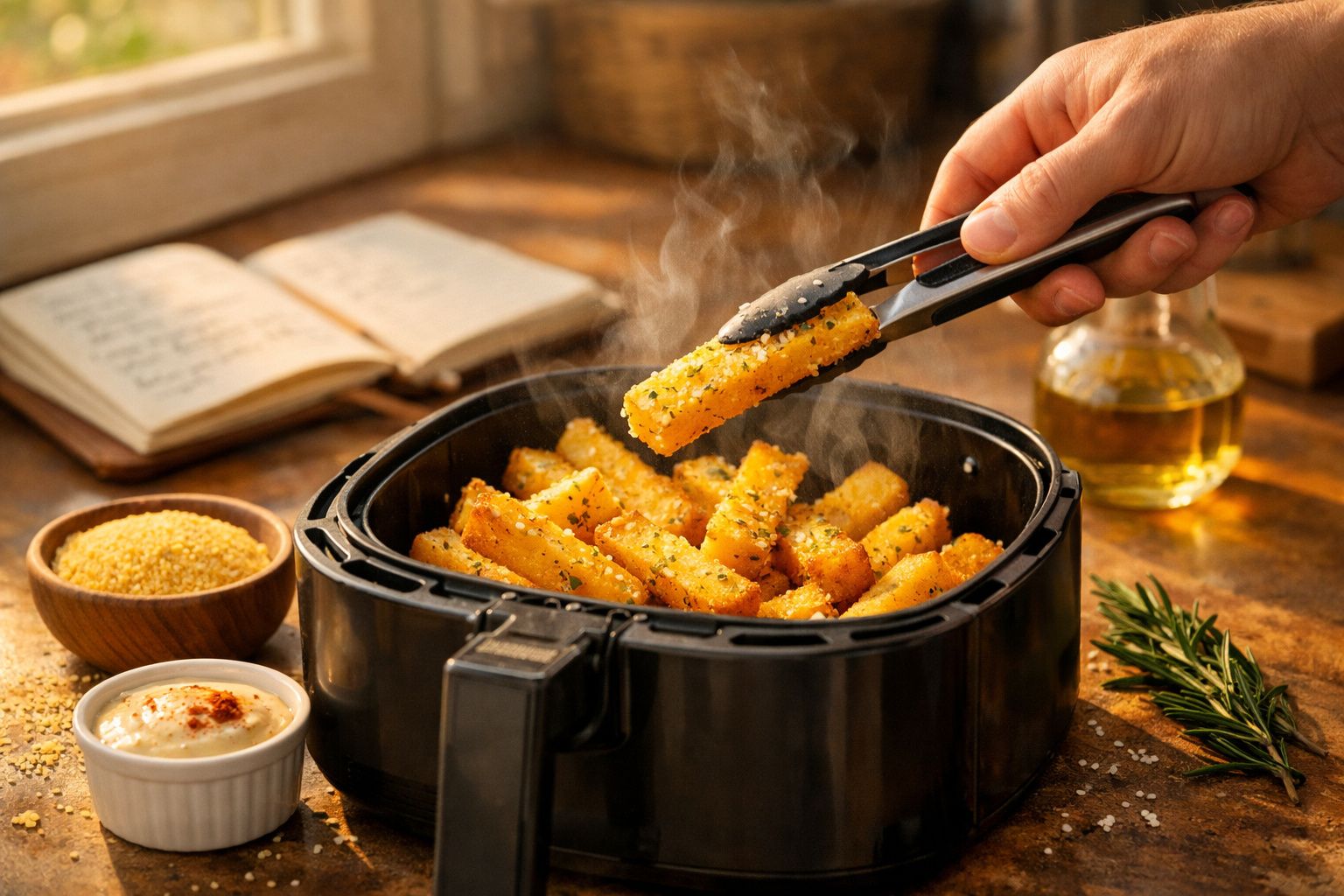 Batatas fritas temperadas a sair de uma fritadeira com pinças, ao lado de molho e especiarias.
