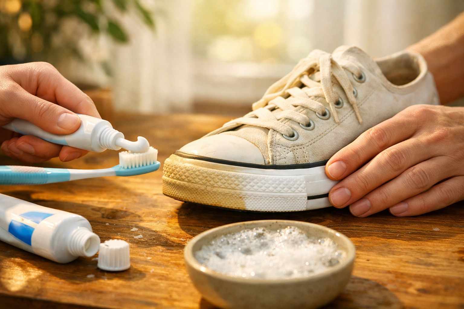 Pessoa a aplicar pasta dentífrica numa escova para limpar um ténis branco sujo numa mesa de madeira.