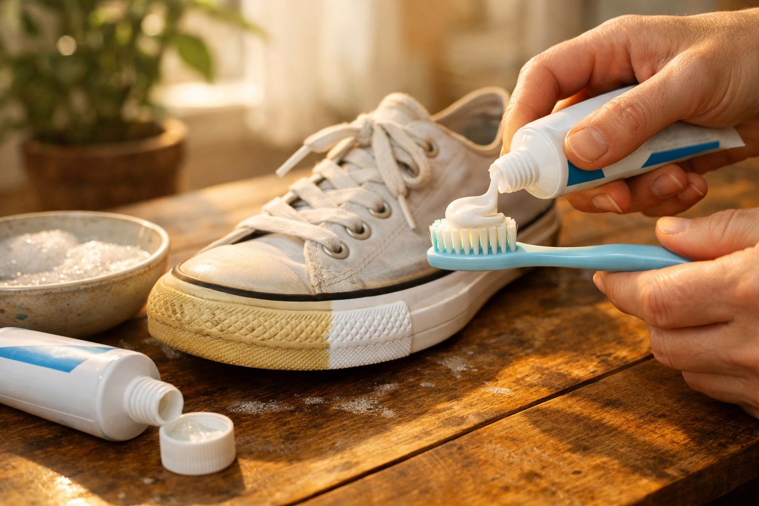 Pessoa a colocar creme numa escova de dentes para limpar ténis branco sujo numa mesa de madeira.