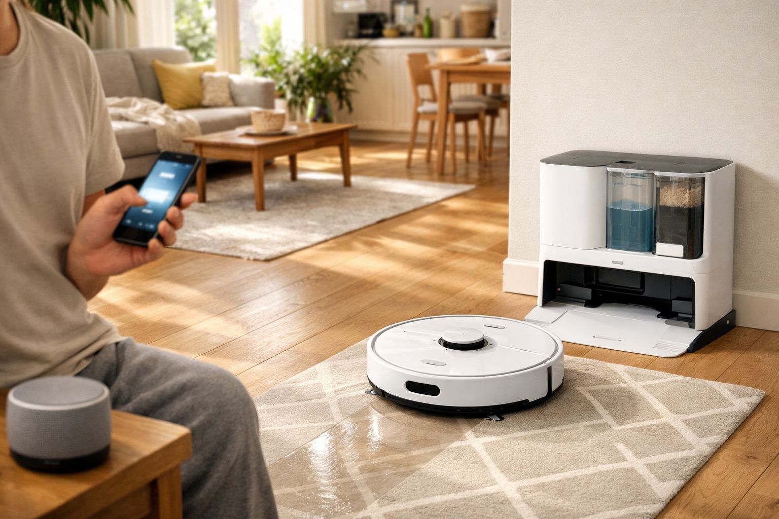 Robô aspirador de pó branco a limpar tapete numa sala, com pessoa a controlar pelo telemóvel.