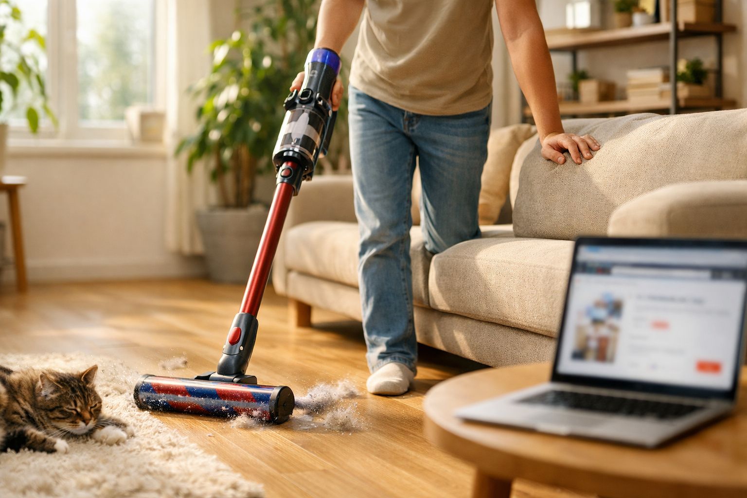 Pessoa a aspirar pelos no chão de madeira junto a um sofá com um gato próximo e portátil numa mesa.