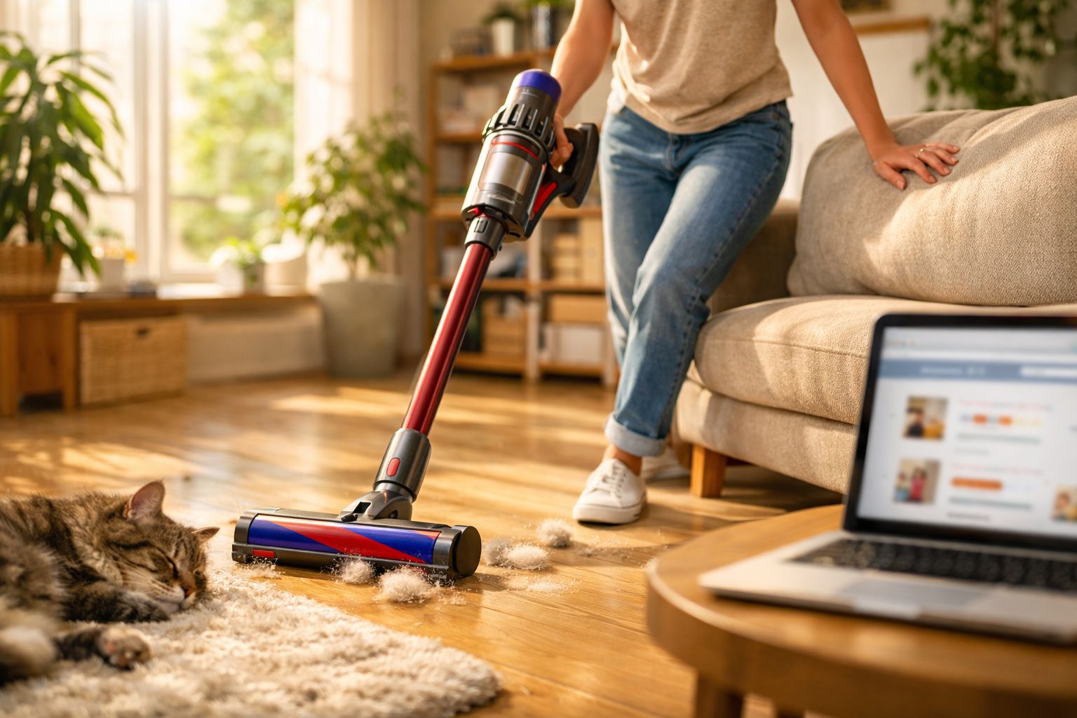 Pessoa a aspirar pelos de gato no chão de uma sala com aspirador sem fios, perto de um sofá e computador portátil ligado.