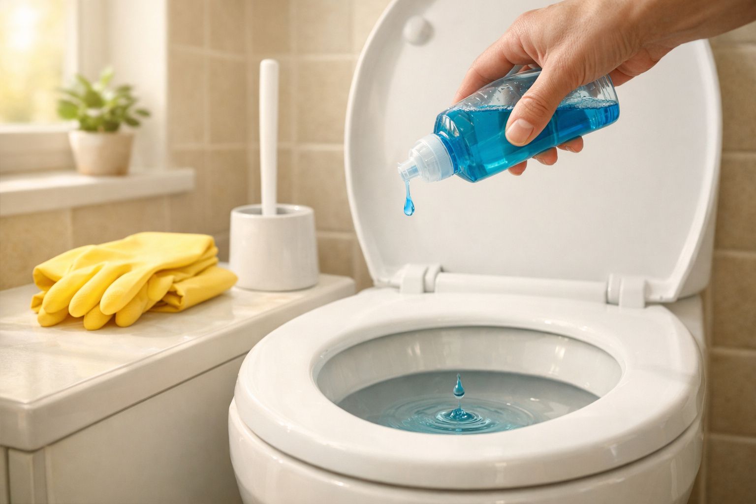 Mão a deitar líquido azul para limpar sanitário branco com luvas e escova de casa de banho ao lado.