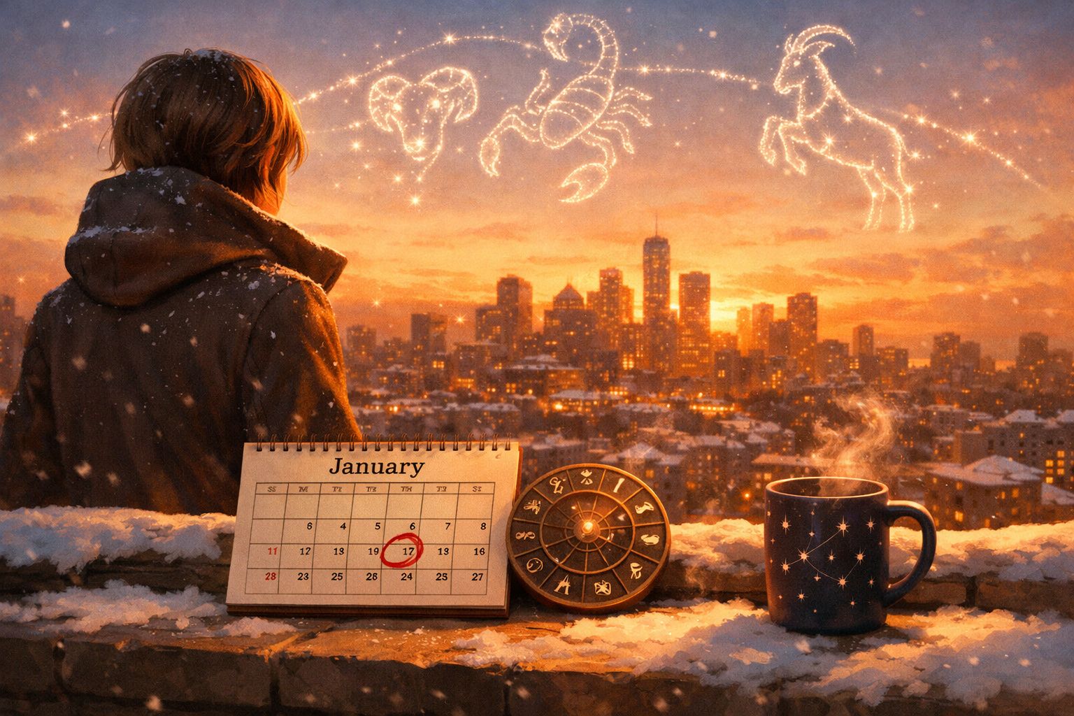 Pessoa de costas observa céu com signos zodiacais brilhantes, calendário, bússola e chávena com vapor à frente.