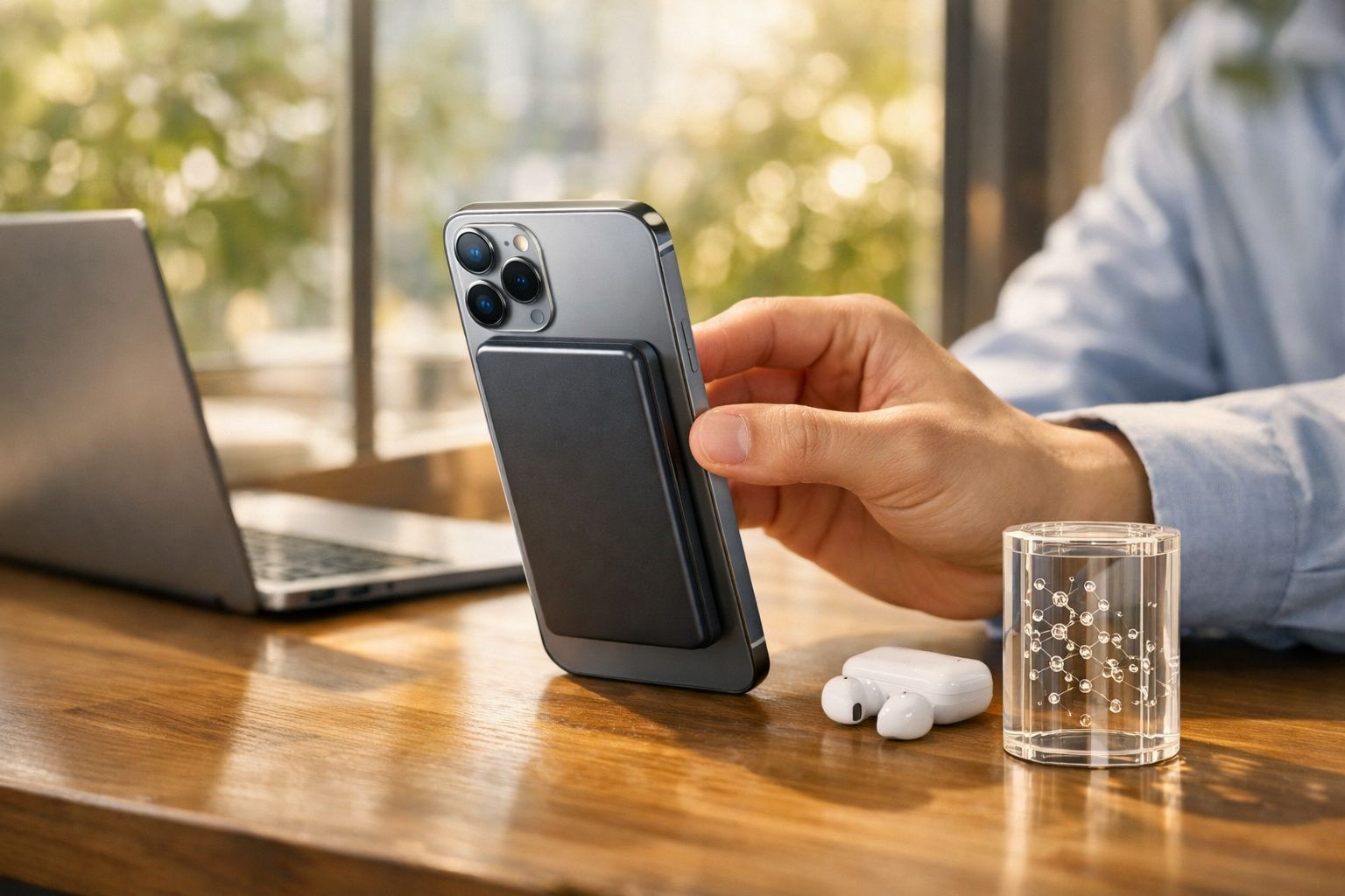 Mão a segurar smartphone cinza com carregador magnético e earbuds brancos sobre mesa de madeira com portátil ao fundo.