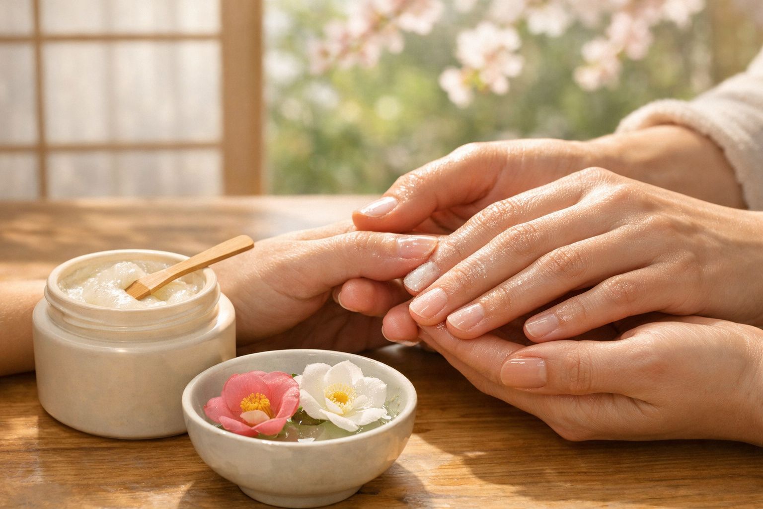 Mãos femininas a ser cuidadas com creme hidratante, flores e ambiente tranquilo à luz natural.