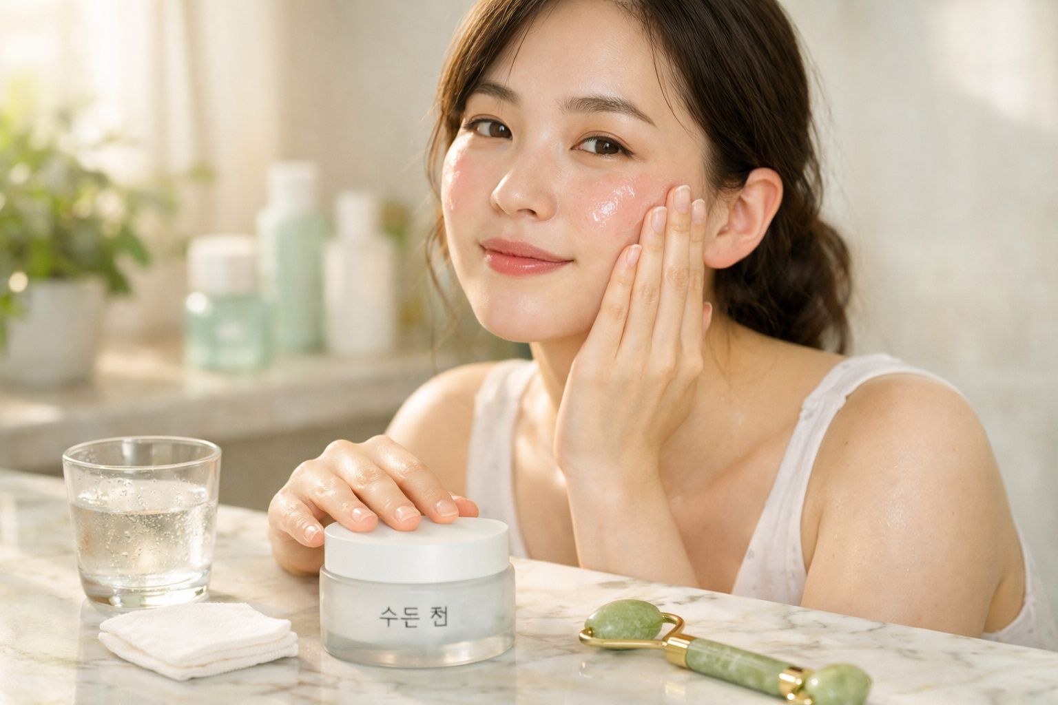 Mulher a aplicar creme hidratante no rosto sentada junto a um frasco de cosmético e um copo de água.