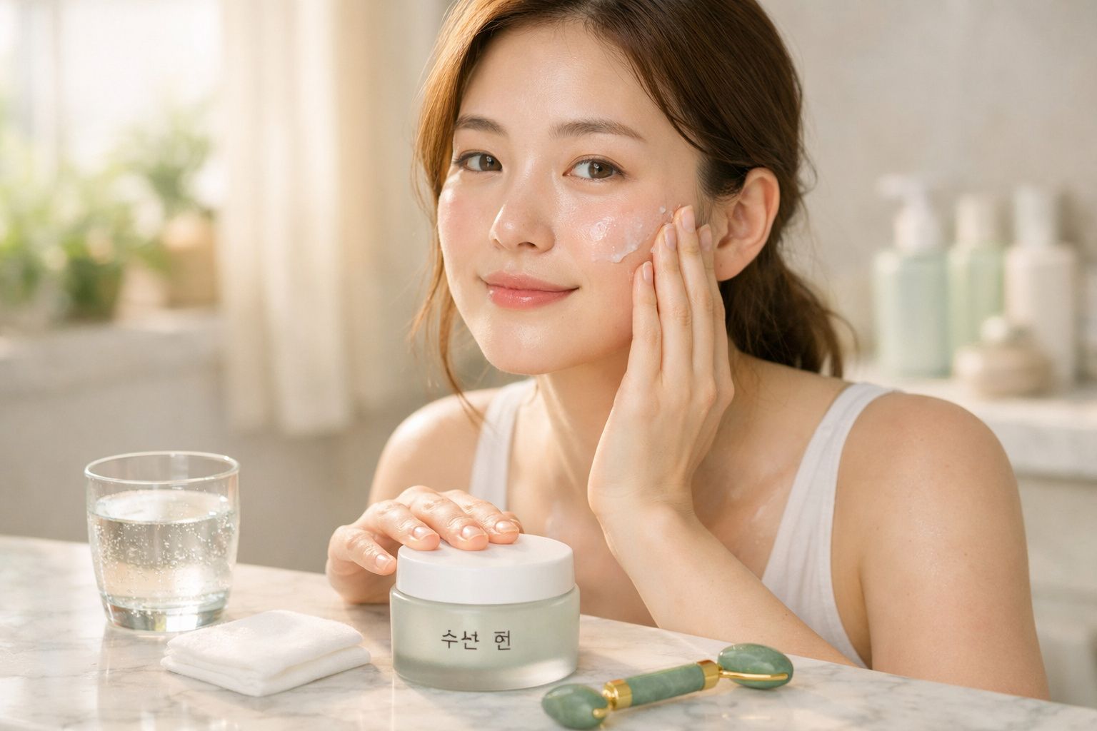 Mulher a aplicar creme hidratante no rosto, em ambiente luminoso com frascos de cosméticos na mesa.