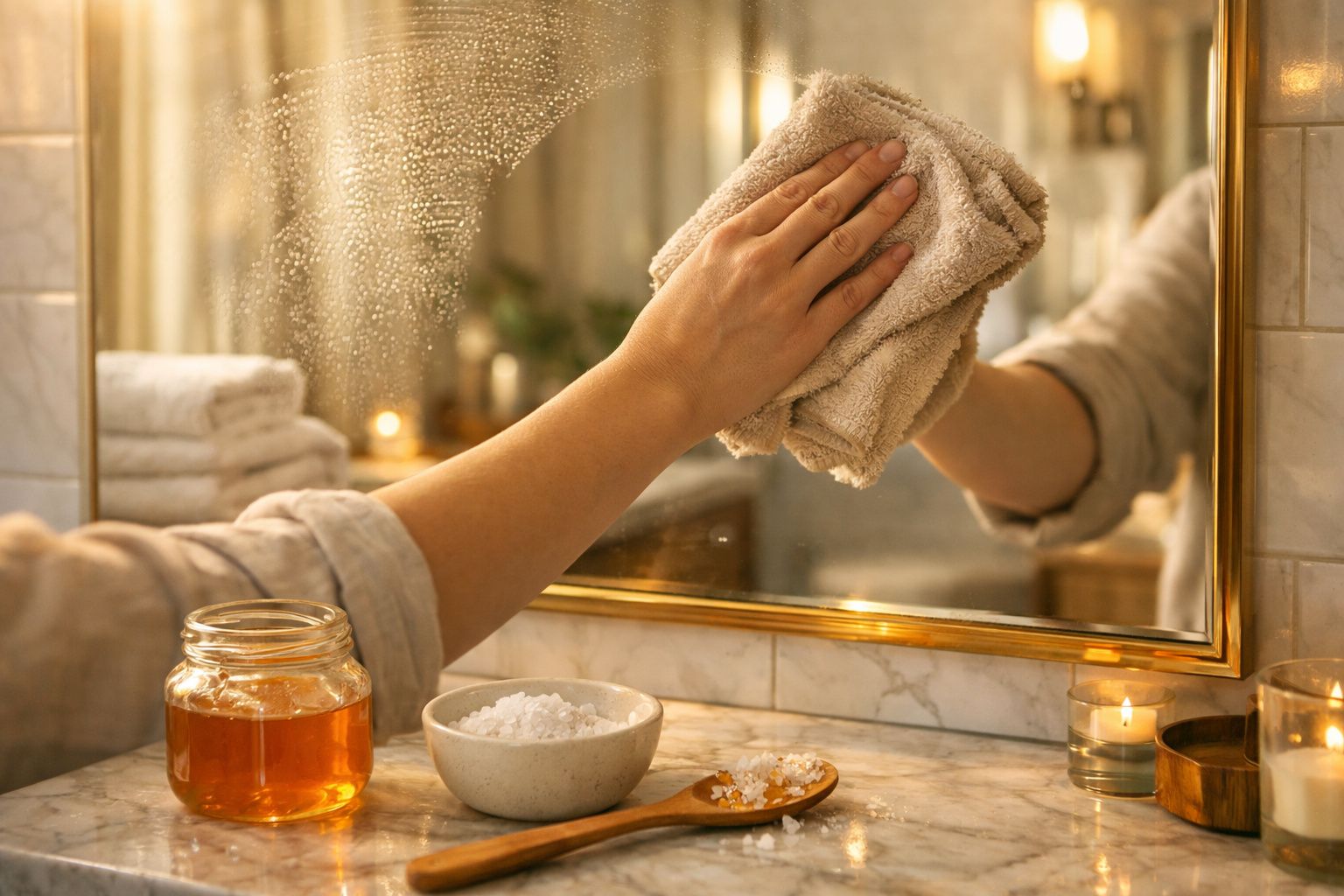 Mão a limpar espelho com pano, com vela acesa, frasco de mel e tigela de sal em mármore.