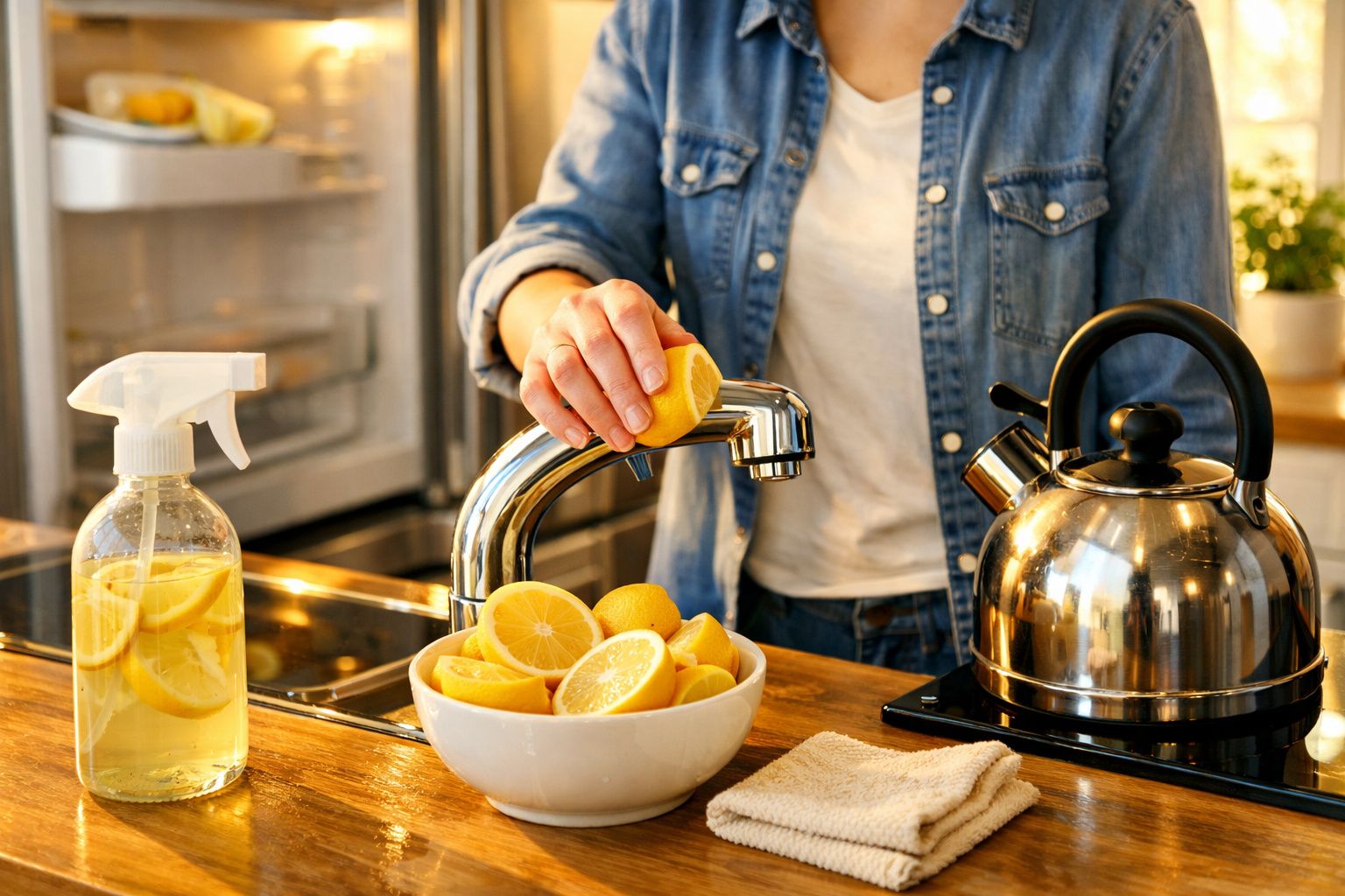 Pessoa a limpar uma torneira com meio limão numa cozinha, com bule e pulverizador de limão na bancada.