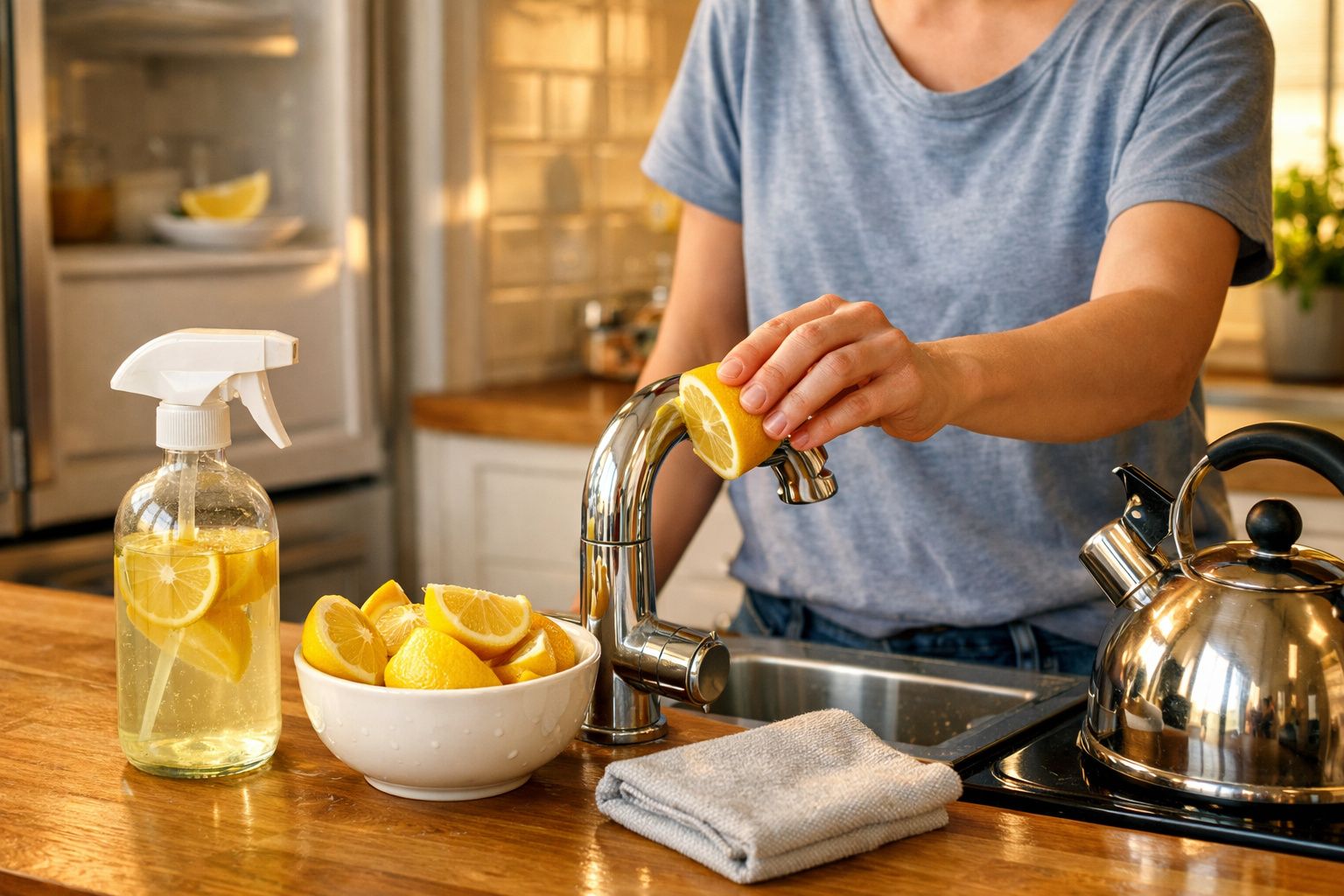 Pessoa a espremer limão na cozinha, com limões numa taça e frasco de spray com limão na bancada.