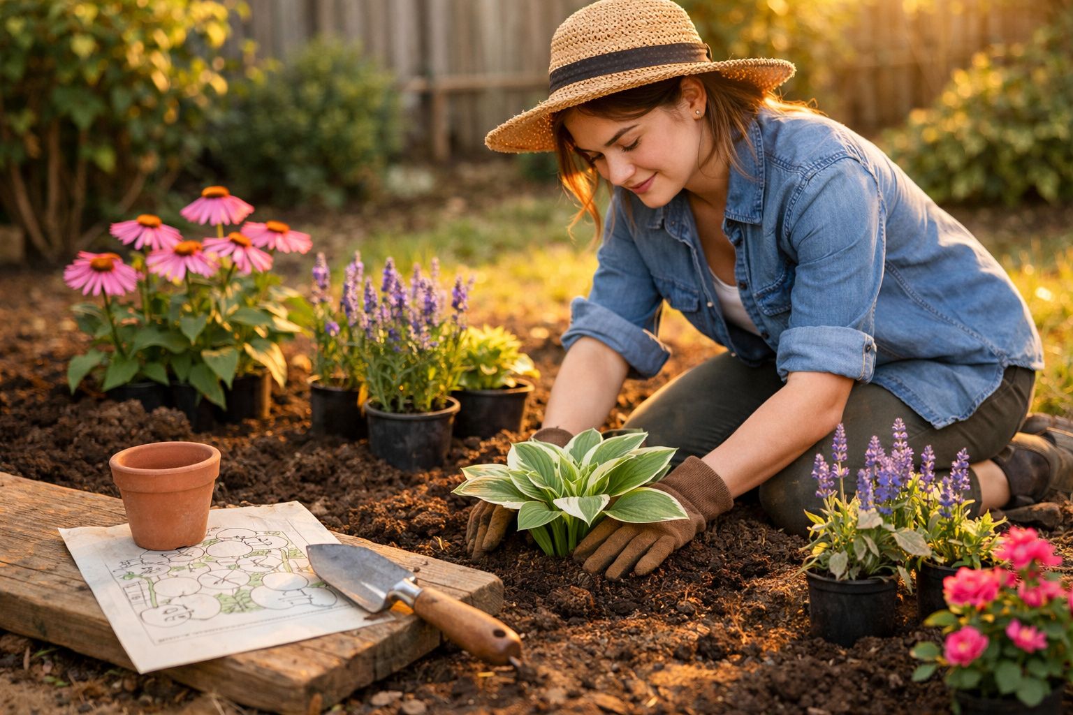 Mulher a plantar flores num jardim, com chapéu e luvas, rodeada de vasos e ferramenta de jardinagem.