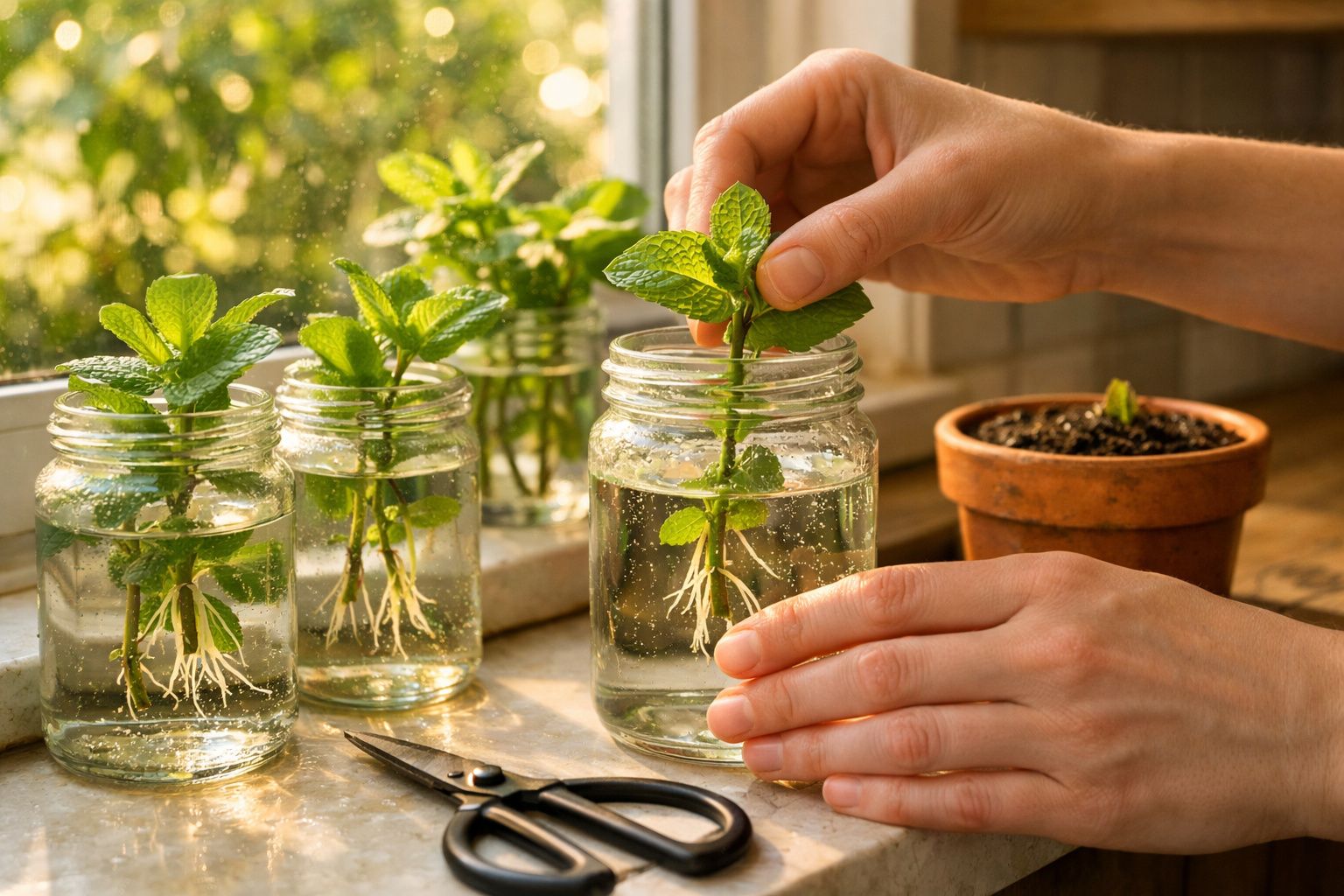 Mãos a propagar plantas de hortelã em água dentro de frascos de vidro num peitoril iluminado pelo sol.