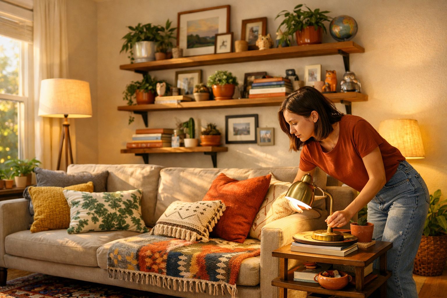 Mulher a ligar candeeiro dourado numa sala aconchegante com sofá, almofadas e prateleiras com plantas e livros.