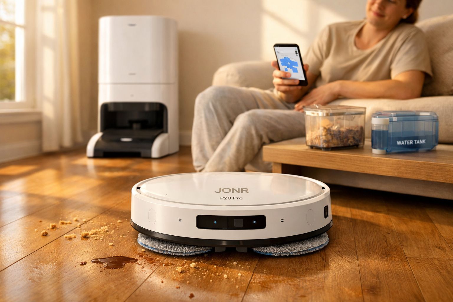 Aspirador robô branco a limpar chão com detritos, pessoa controla por smartphone sentado no sofá.