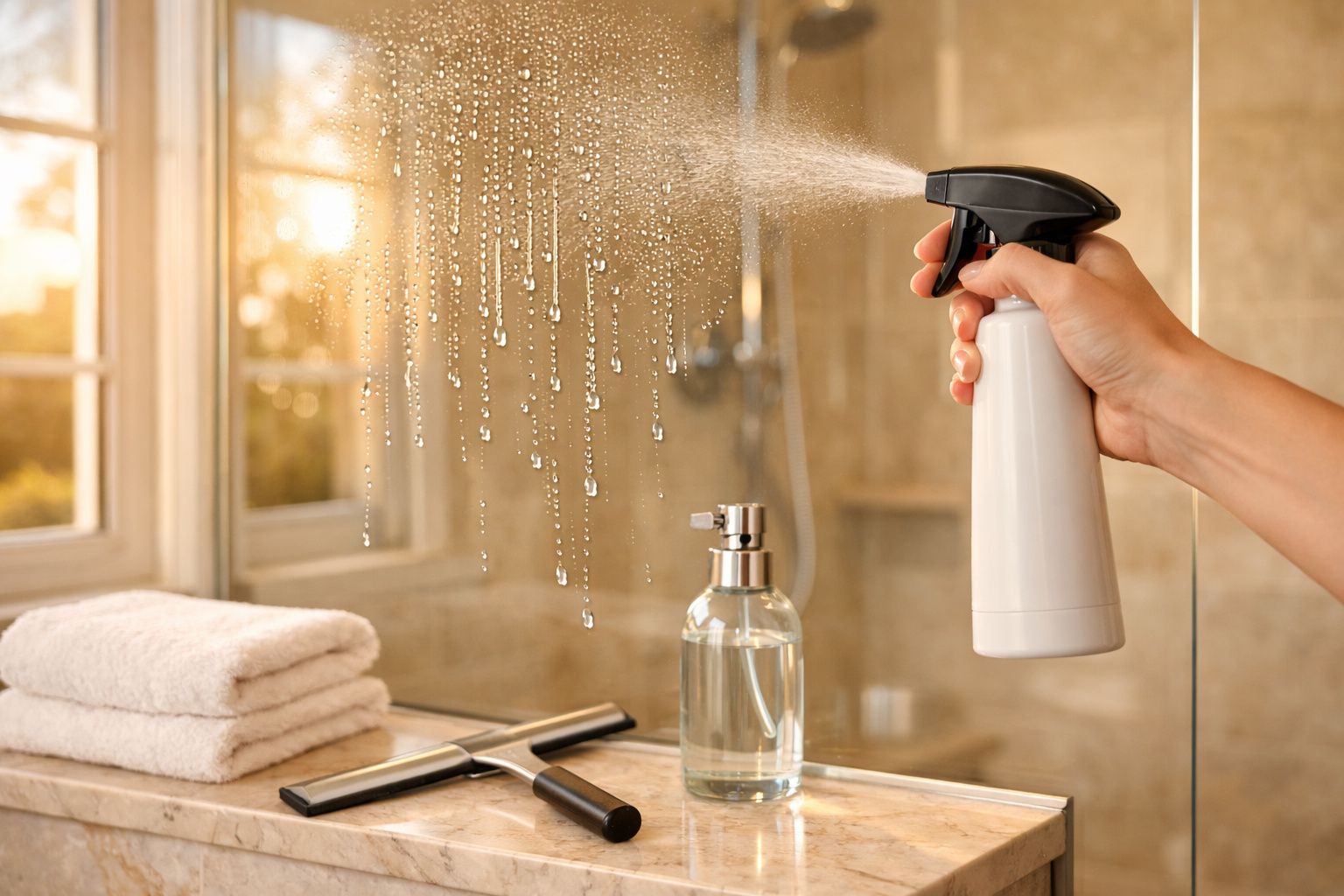 Mão a pulverizar spray num espelho de casa de banho com janelas, toalhas, dispensador líquido e limpa-vidros.