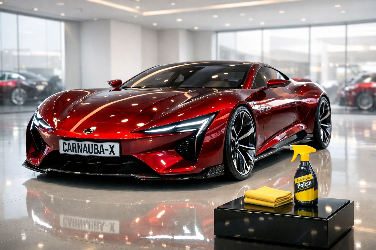 Carro desportivo vermelho brilhante num salão com produto de polimento e pano amarelo ao lado.