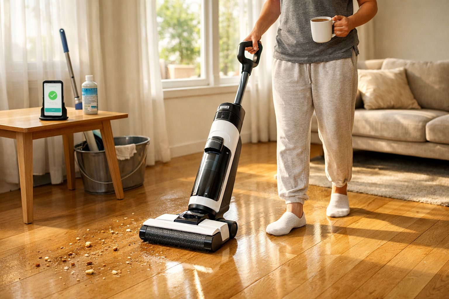 Pessoa a aspirar chão de madeira com aspirador sem fio, segurando caneca branca, numa sala iluminada.