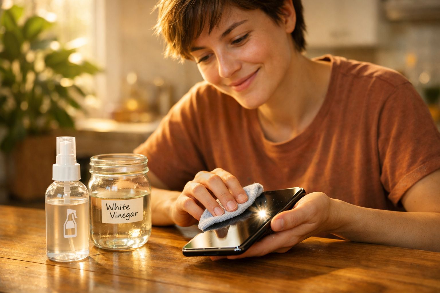 Pessoa a limpar um telemóvel com pano, ao lado de frascos com vinagre branco e spray de limpeza.