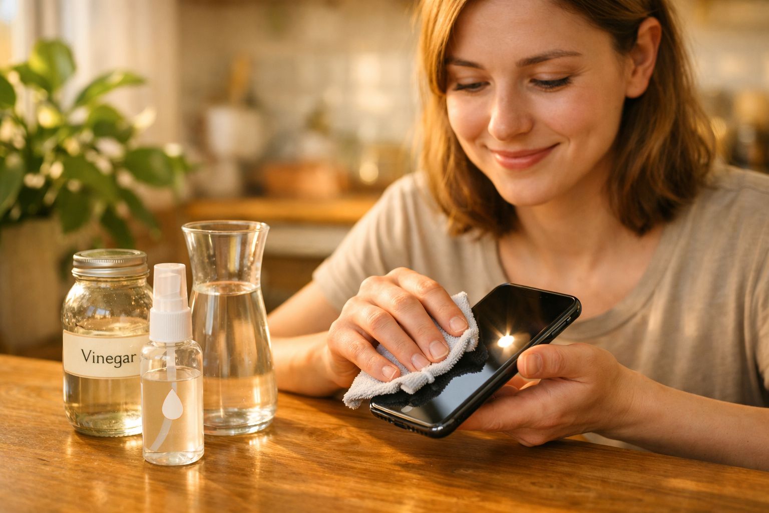 Mulher a limpar e desinfetar o ecrã do telemóvel com um pano, ao lado de frascos de vinagre e spray.