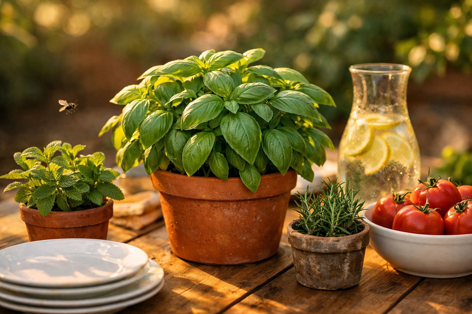 Vasos com plantas aromáticas, tomateiros e jarra com água e limão numa mesa de madeira ao ar livre.