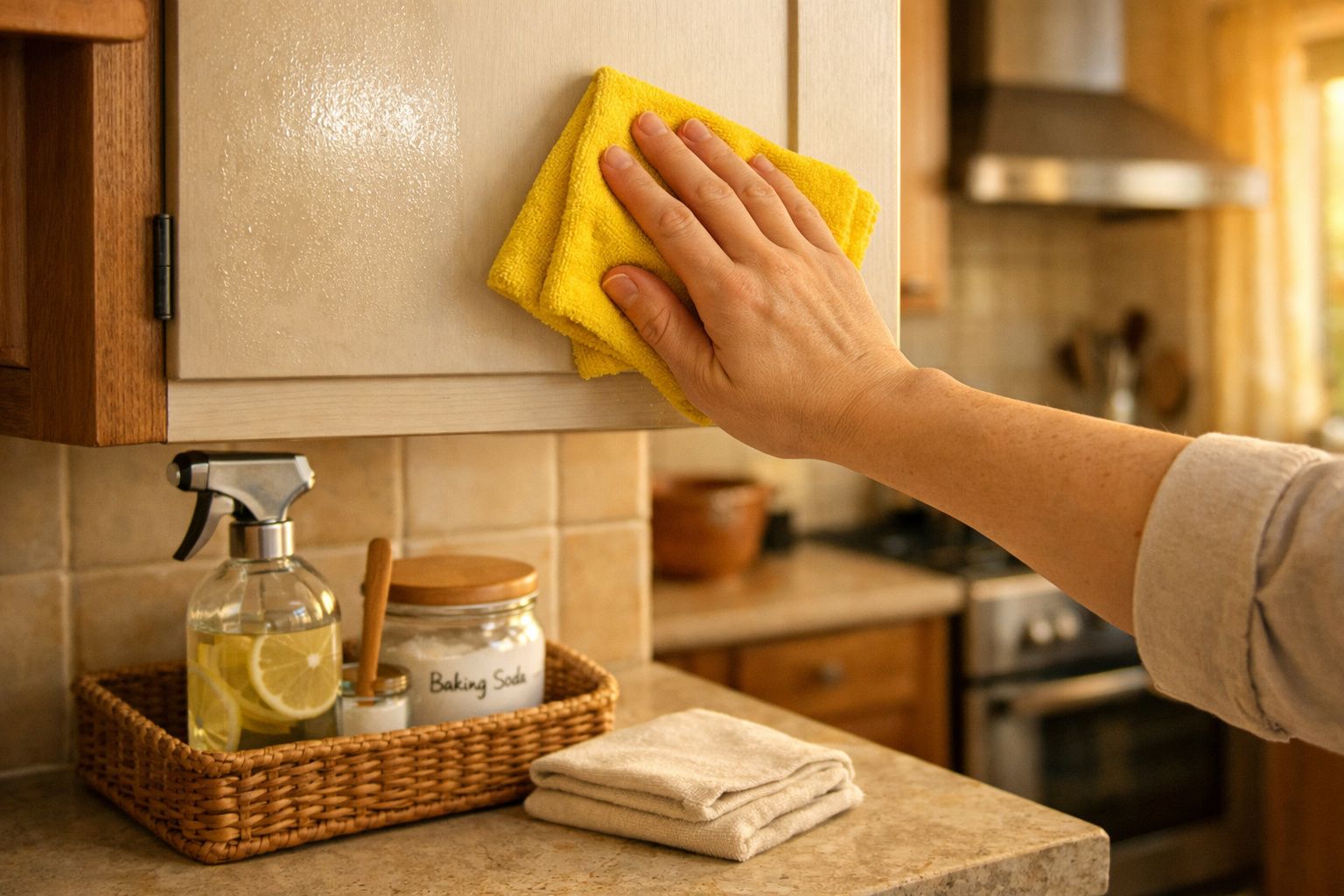 Mão a limpar porta de armário de cozinha com pano amarelo, spray e bicarbonato de sódio num cesto na bancada.