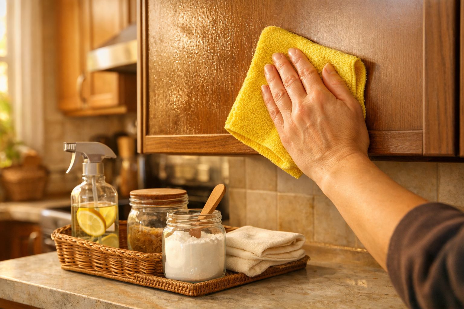 Mão a limpar armário de cozinha em madeira com um pano amarelo, ao lado de frascos e spray com limão.