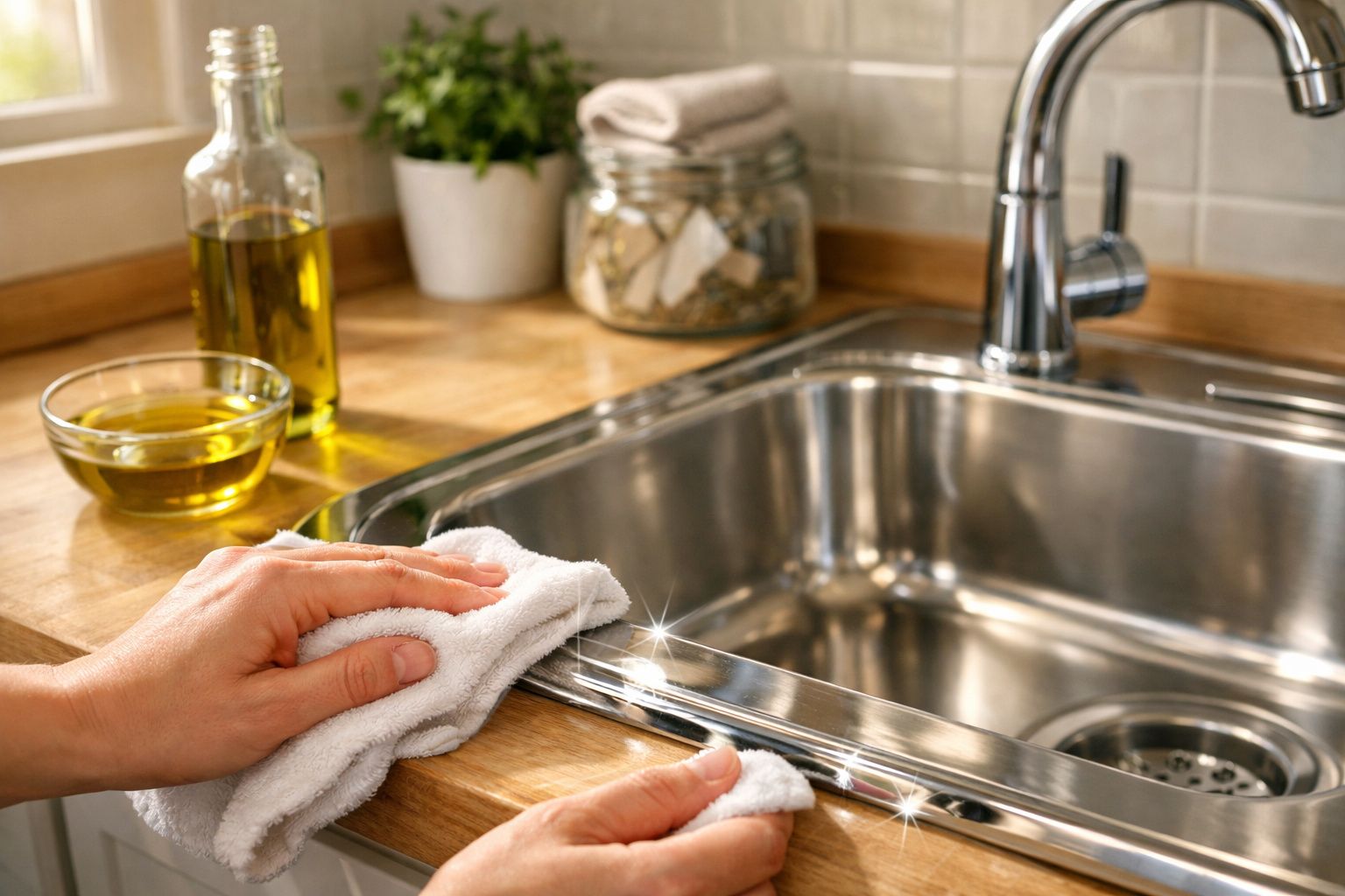 Mãos a limpar uma pia de aço inoxidável brilhante numa cozinha com pano branco.