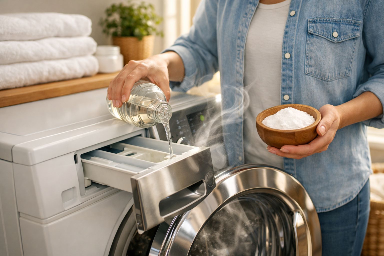 Pessoa a verter líquido e segurar bicarbonato para lavagem na máquina de lavar roupa.