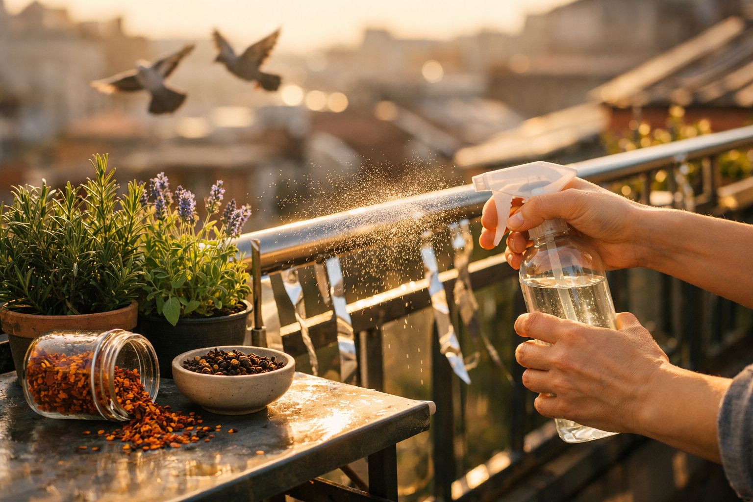 Mãos a borrifar água em plantas aromáticas num espaço exterior ao entardecer.
