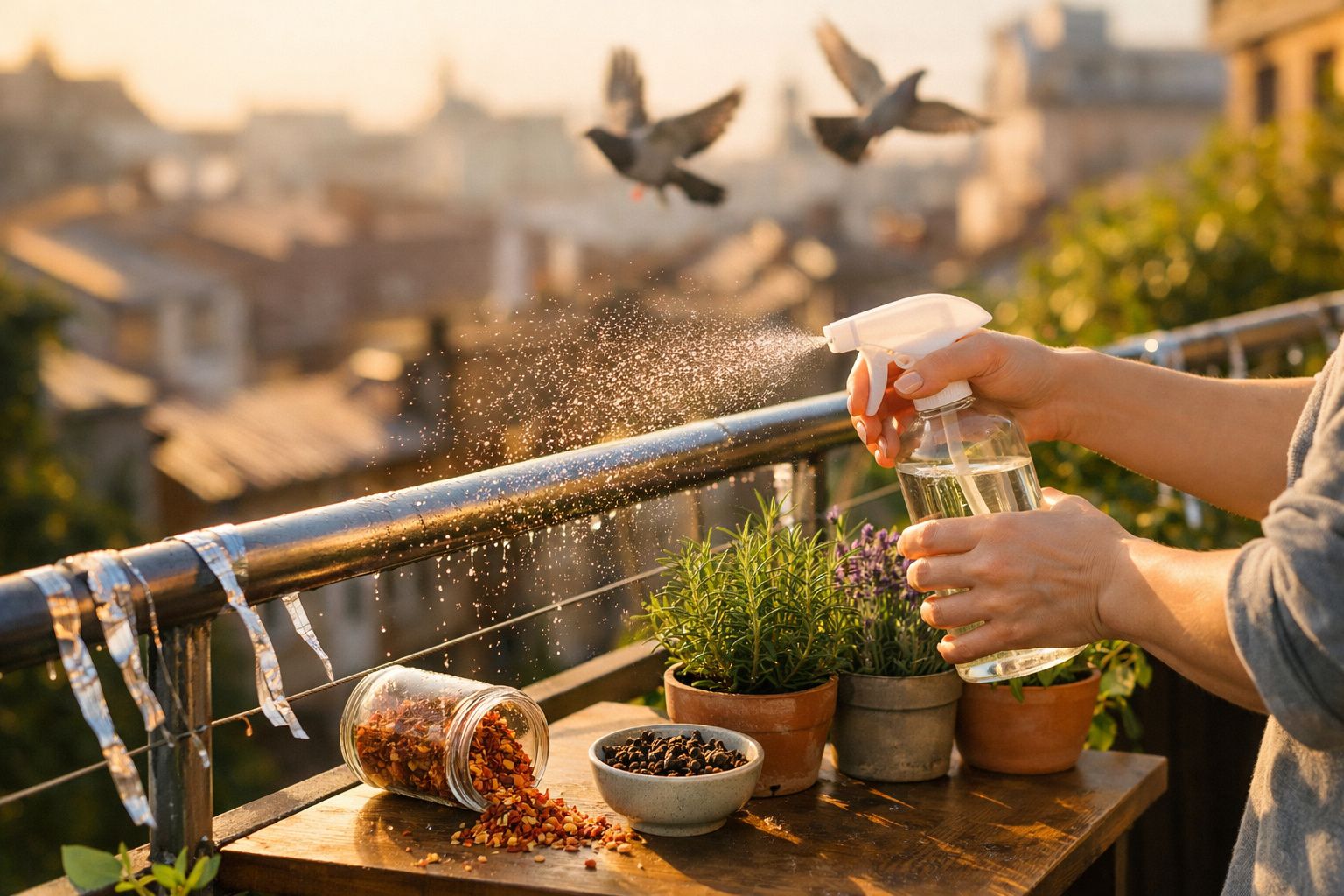 Pessoa a borrifar água em vasos com plantas aromáticas num terraço ao pôr do sol.