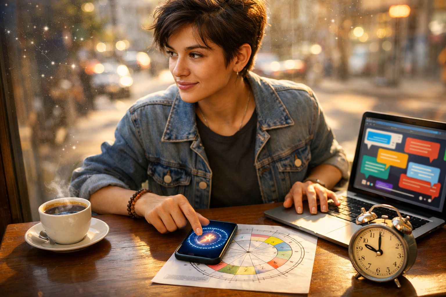 Mulher com casaco de ganga a usar smartphone e portátil numa mesa com mapa astrológico, relógio e chá quente.