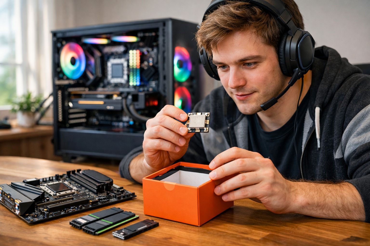 Homem com headset a segurar componente eletrónico junto a caixa laranja, com computador aberto ao fundo.