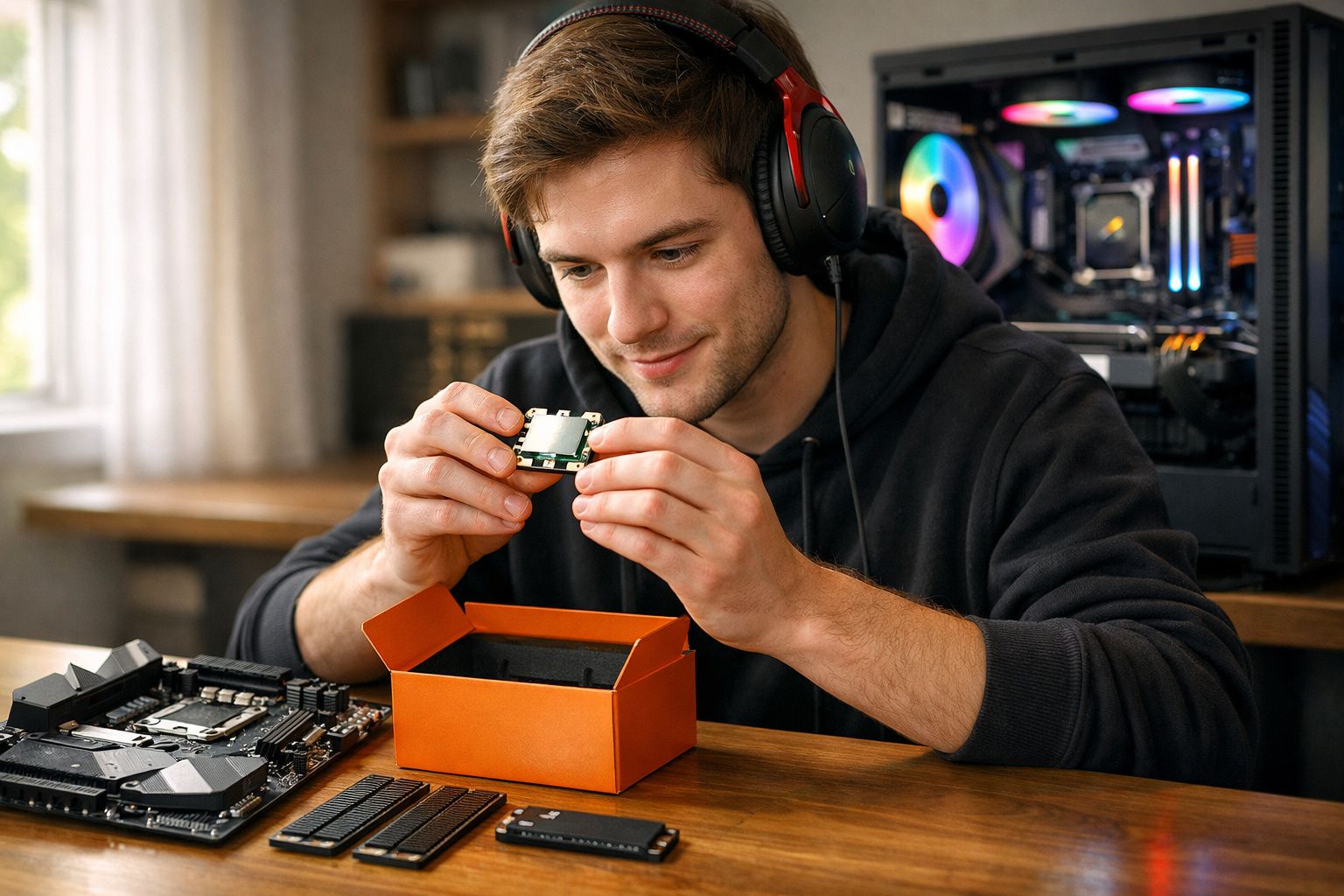 Homem jovem a montar peça eletrónica com computador aberto e luzes RGB ao fundo.