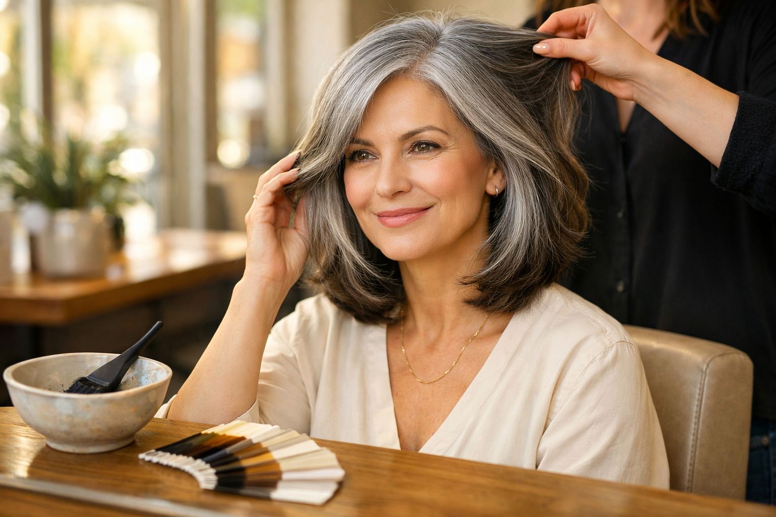 Mulher sorridente com cabelo grisalho sendo penteada num salão de beleza, com amostras de cor na mesa.