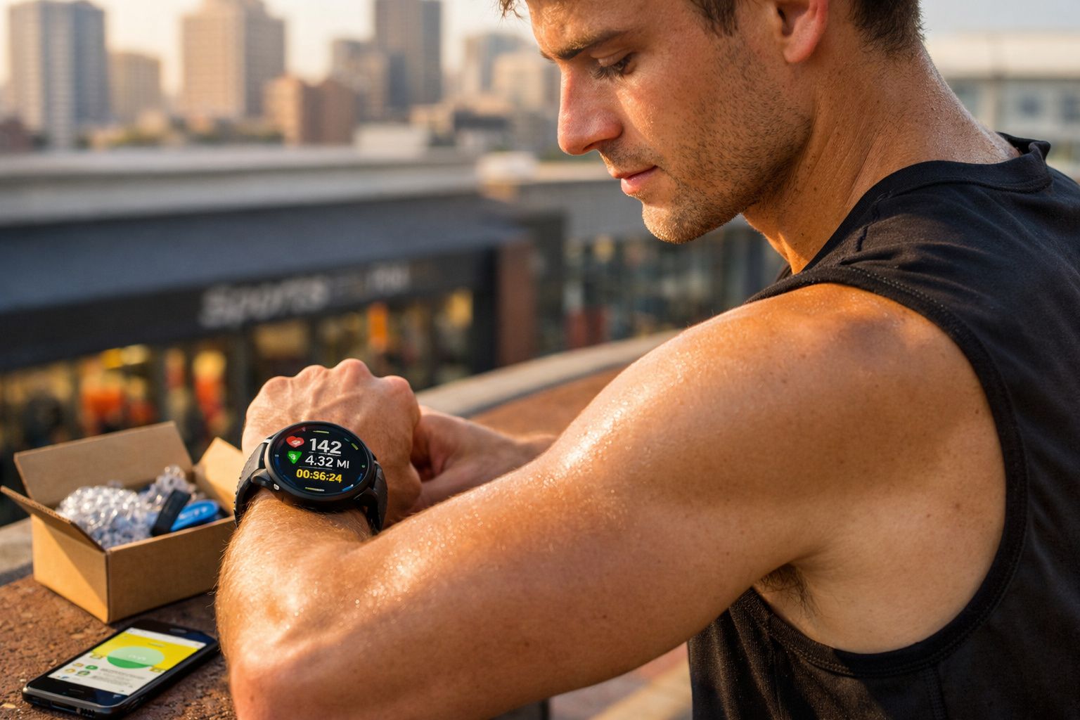 Homem a olhar para relógio inteligente com dados de corrida ao ar livre numa varanda urbana ao pôr do sol.