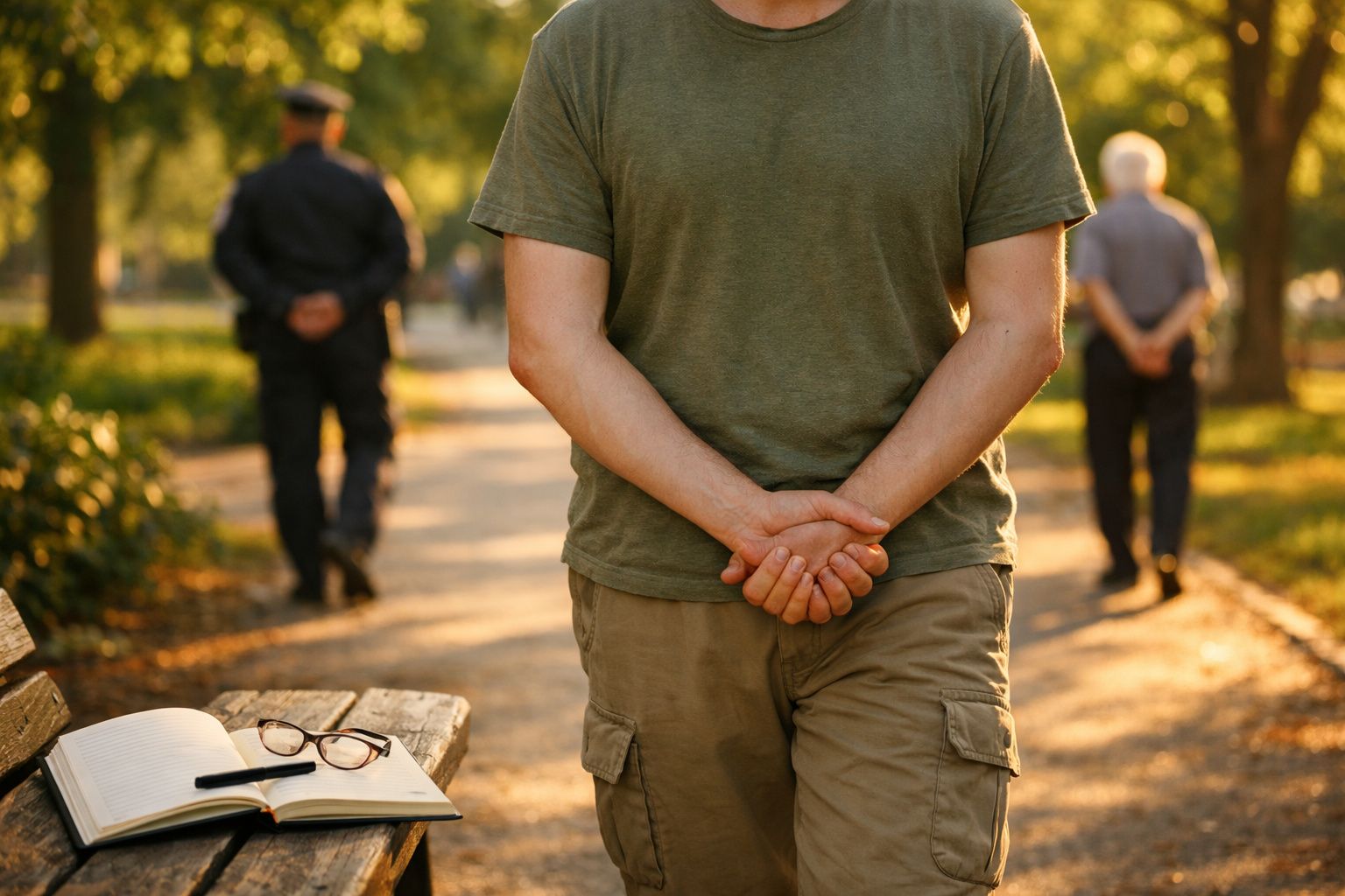 Pessoa de camisola verde a passear num parque com um caderno e óculos numa bancada ao lado.