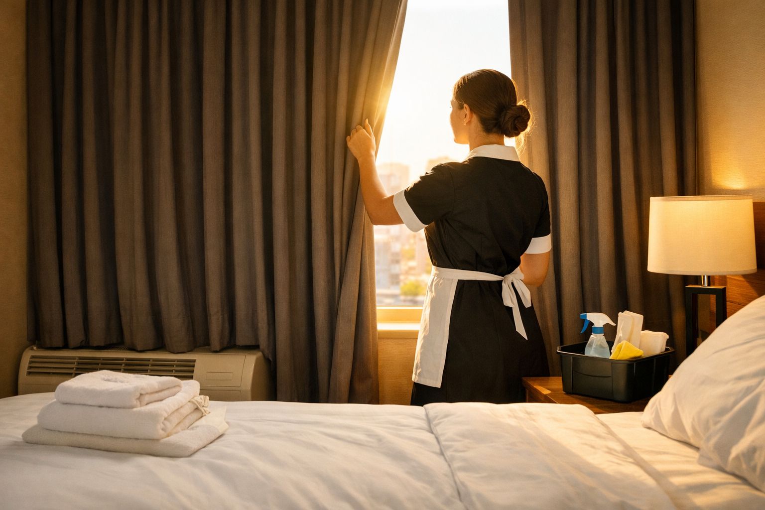 Empregada doméstica a abrir as cortinas de um quarto com cama feita e produtos de limpeza numa mesa.