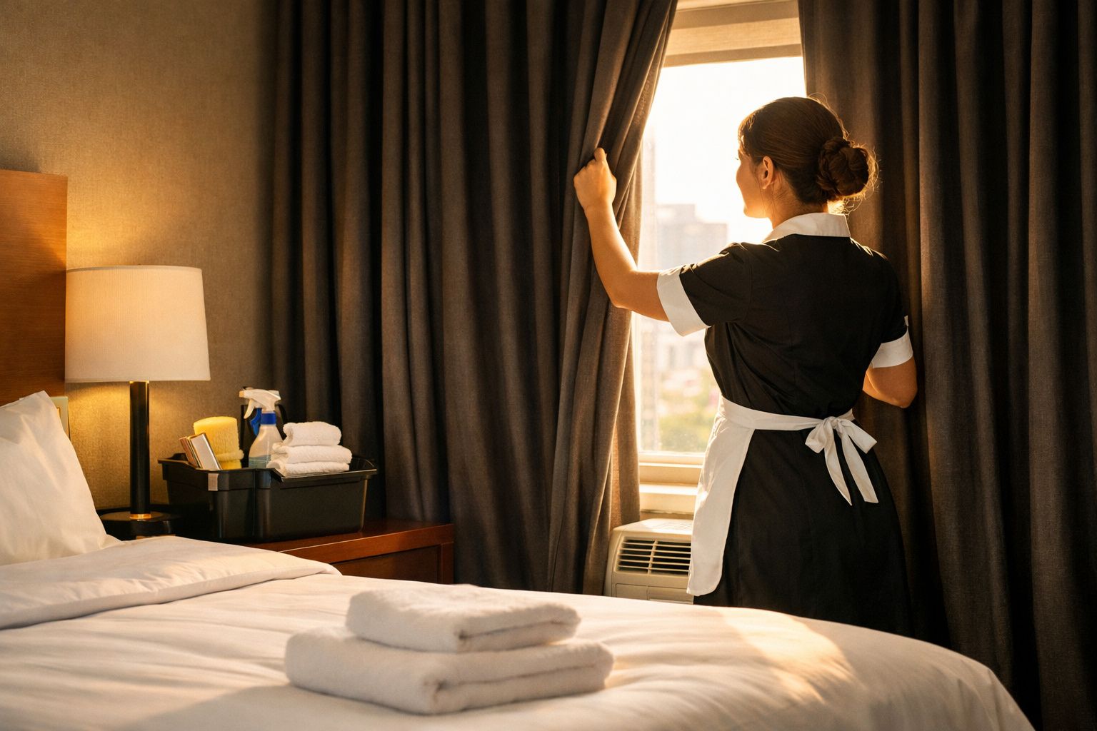 Empregada de limpeza abre cortinas de quarto de hotel com cama arrumada e produtos de limpeza.