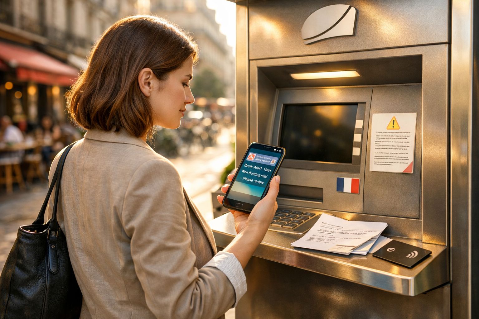 Mulher usa smartphone junto a um multibanco na rua com mensagem de alerta no ecrã do telemóvel.